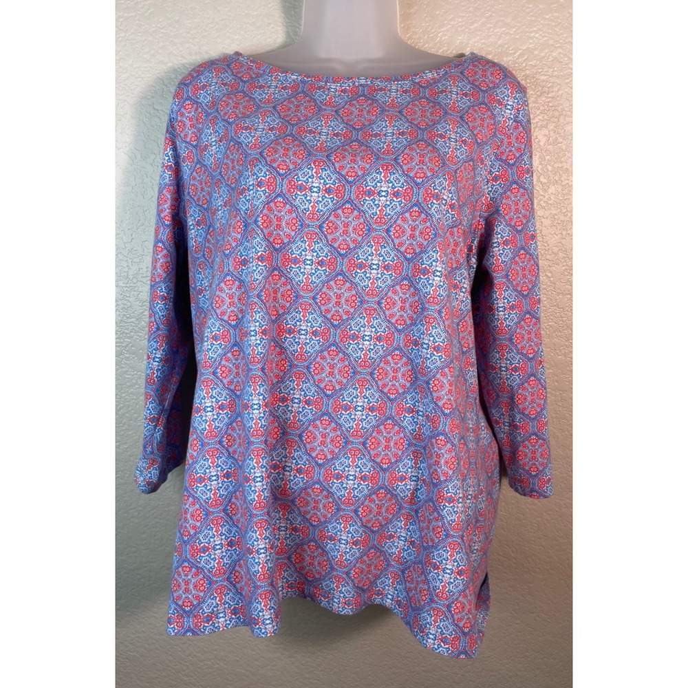 Talbots Womans 1X Top Red Blue Medallion Print 3/4 Sleeve Boat Neck Cotton Knit